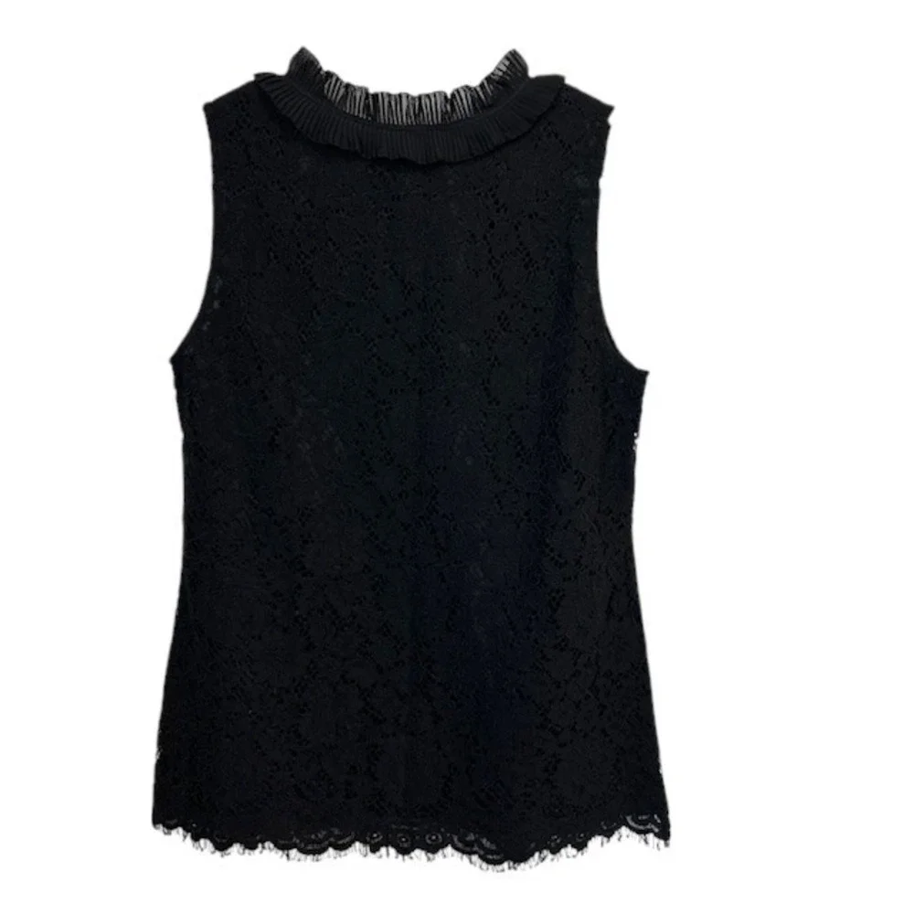 J.Crew Lace Top Ruffle Mock Neck Sleeveless Keyhole Black Blouse Size Tall Small